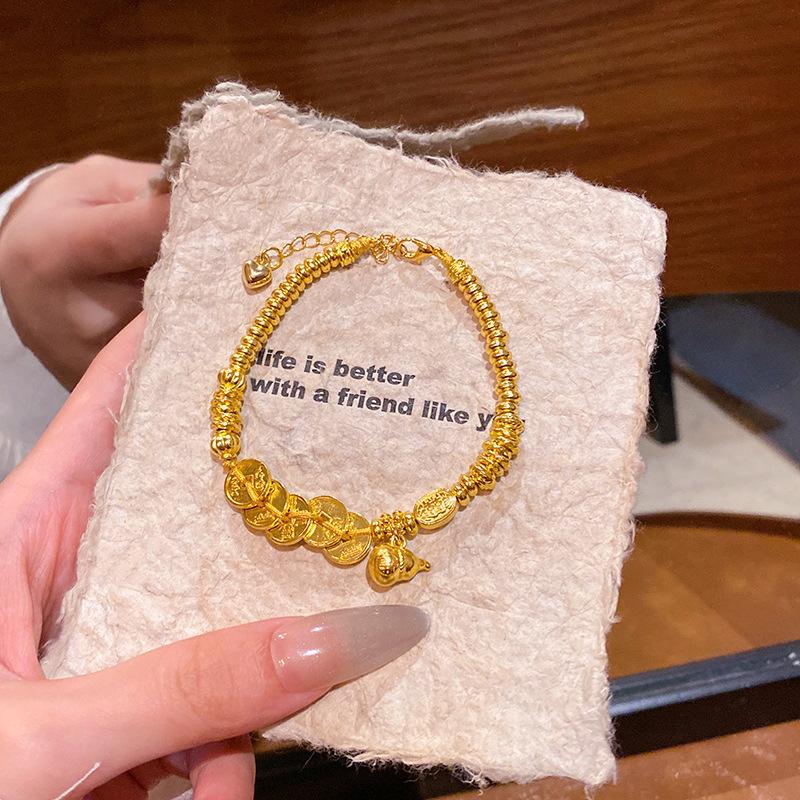 Brushed Gourd Coin Pendant Bracelet for Women Exquisite Retro Gold-Color Bead Bracelet Chinese Style Versatile Jewelry Gift 2025