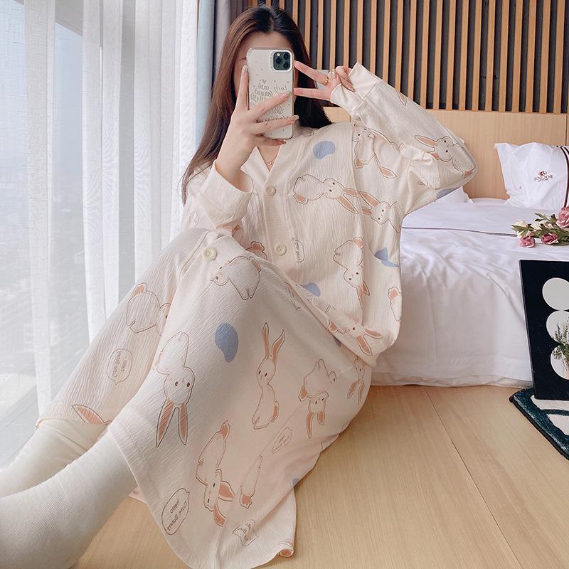 Long Sleeve Maternity Nightgown: Spring & Autumn Breastfeeding Pajamas with Cardigan for Pregnant Women