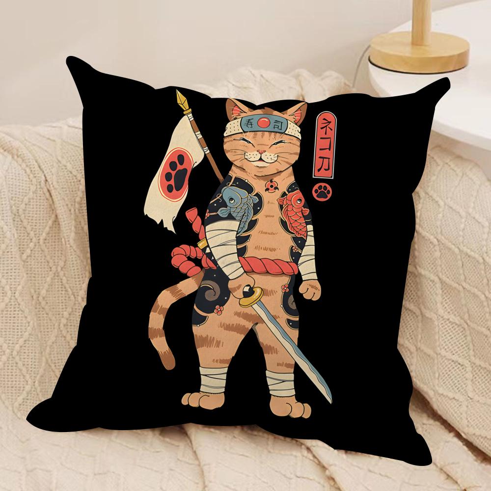 Japanese Style Samurai Cat Cushion Cover Silky Short Plush Invisible Zipper Dustproof Sofa Pillow Case for Home Decor