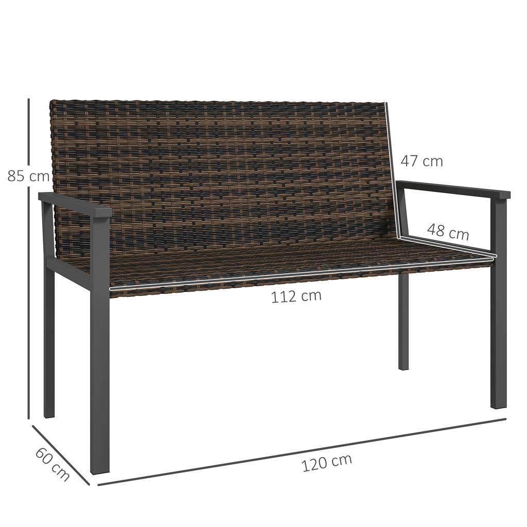2 Seater Rattan Garden Bench, Outdoor Bench with Quick-Drying Cotton Padding, Wicker Garden Loveseat with Armrests, Steel Frame for Patio, Park