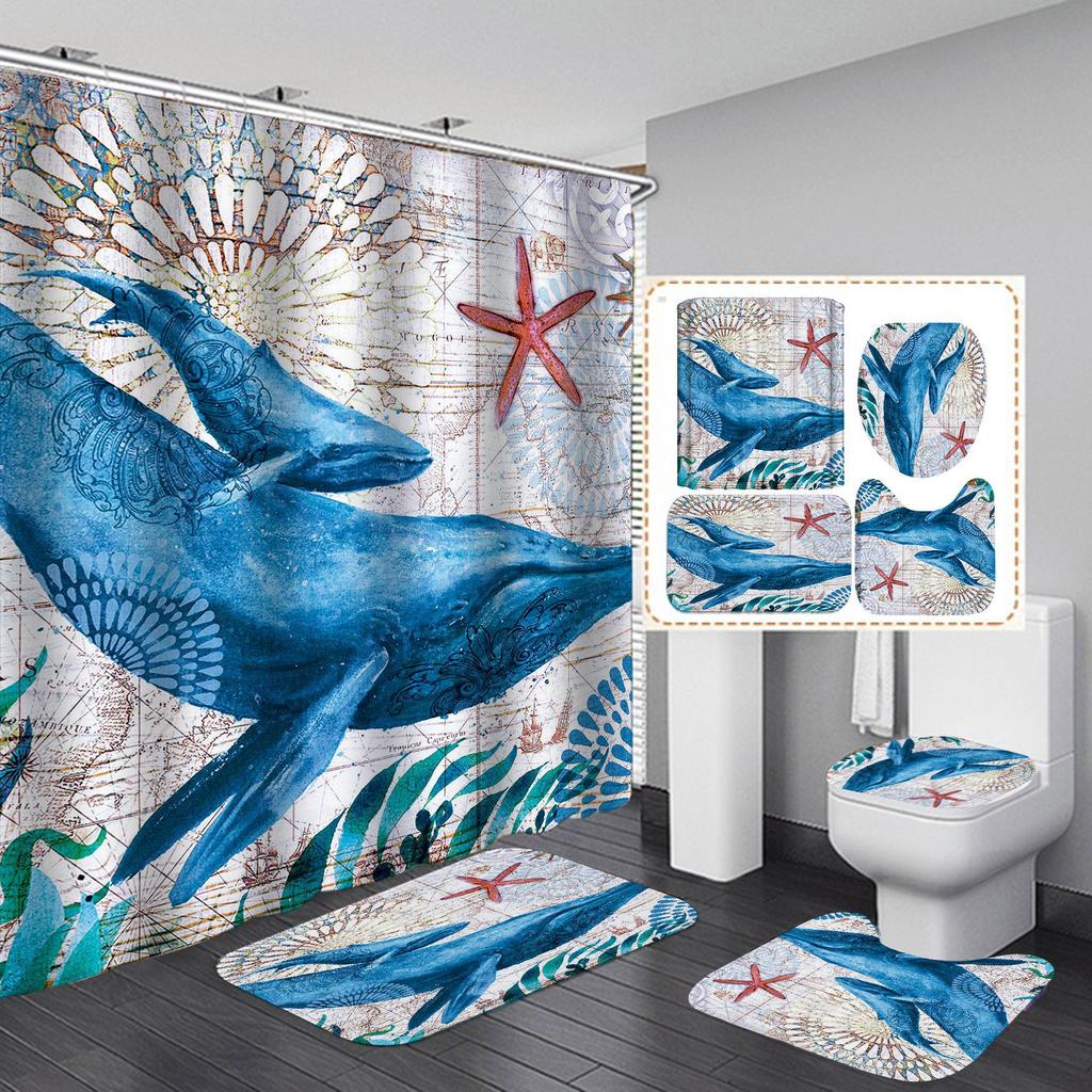 Ocean Underwater World Shower Curtains Set Dolphin Animal Cheerful Marine Life Scenery Polyester Fabric for Kids Bathroom Decor