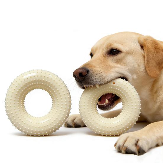 Donut Dog Chew Toy Interactive Squeaky Dog Teeth Cleaning Toy Textured Donut Low Noise Teething Toy for Puppies Aggressive Chewers