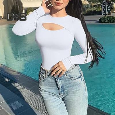 Women Bodysuit Sexy Hollow Slim Fit Long Sleeves Round Collar Solid Color Stretch Breathable Soft Autumn Ladies Female Leotard Top Womenswear