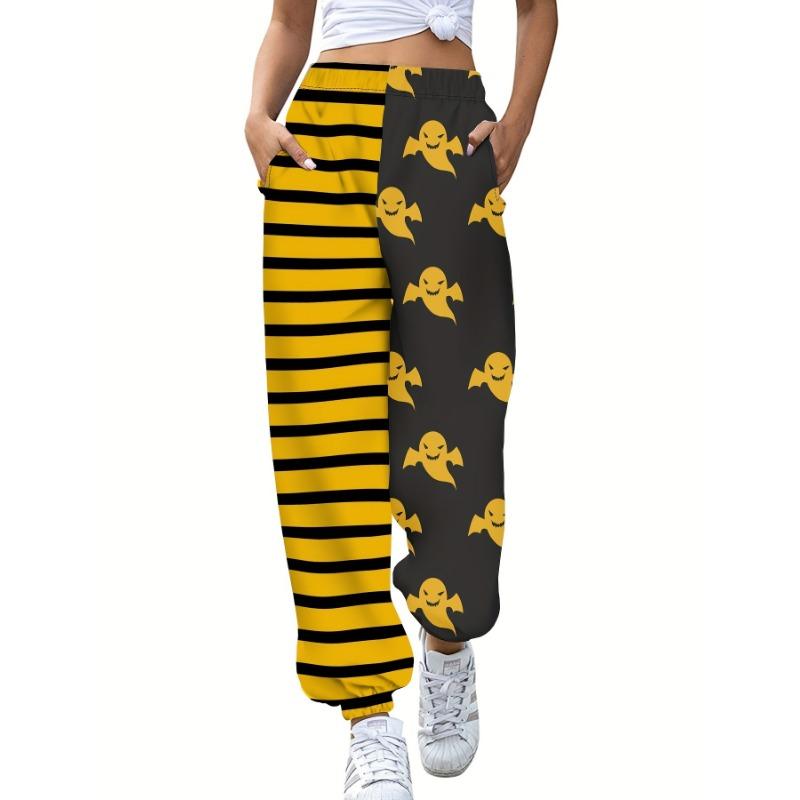 Color Block Ghost & Stripe Print Joggers, Halloween Slant Pockets Byxor för vår och höst, damkläder