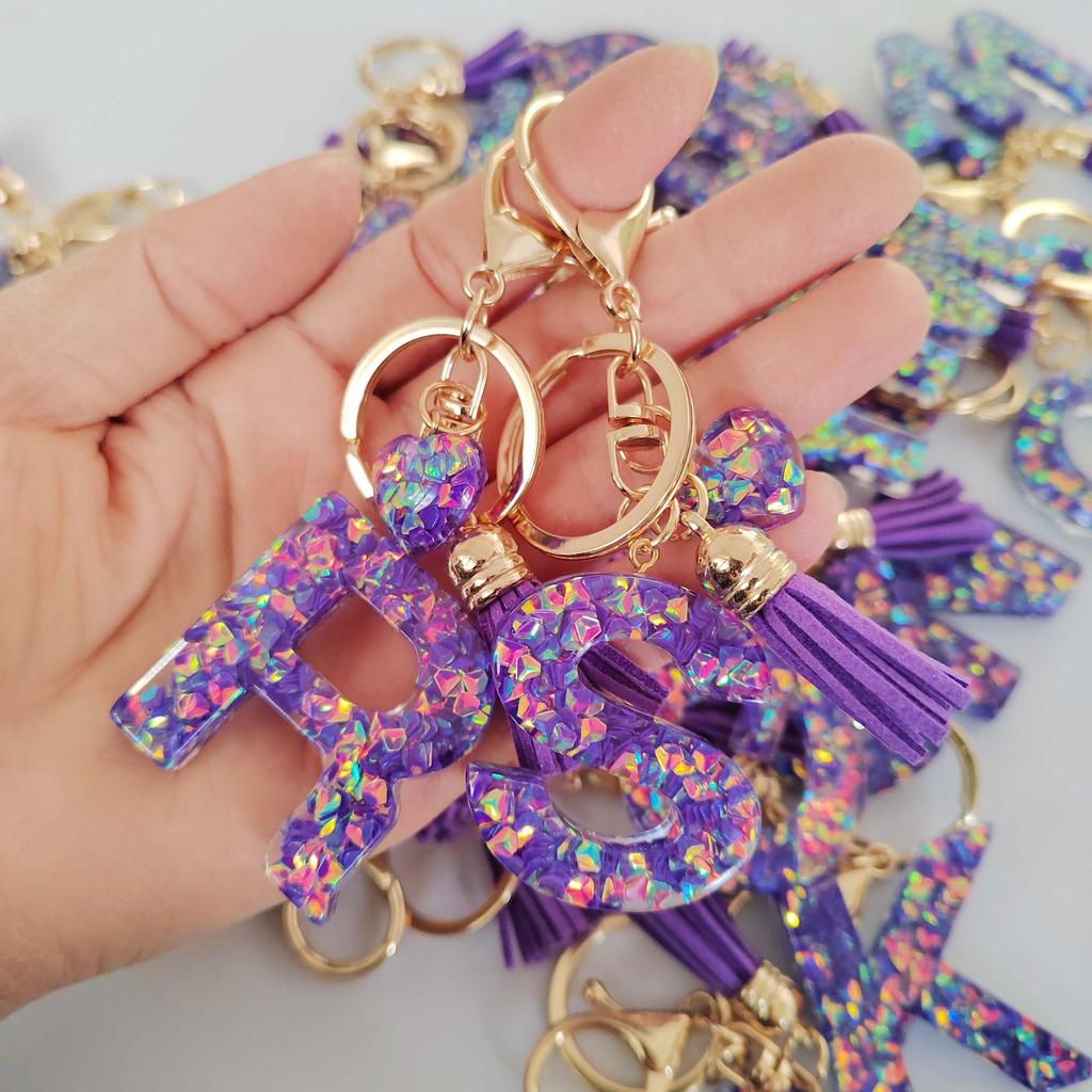 Candy Color Sequin Letter Keychain with Iridescent Heart and Tassel Charm
