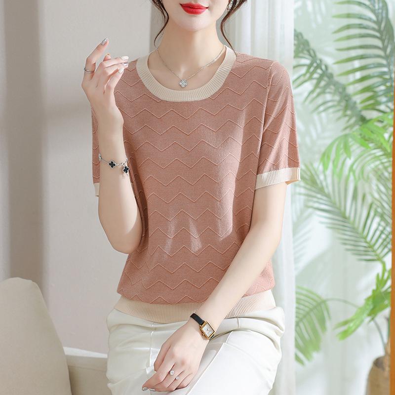 Stylish Ice Silk Short-Sleeve Knit Top for Middle-Aged Women