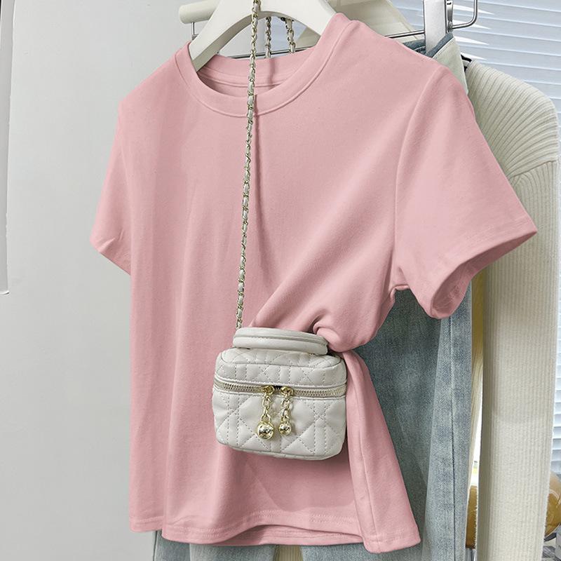 Women's White Cotton Short-Sleeve Ribbed T-shirt - Summer Round Neck, Breathable, Sweat-Absorbent, Slimming Fit