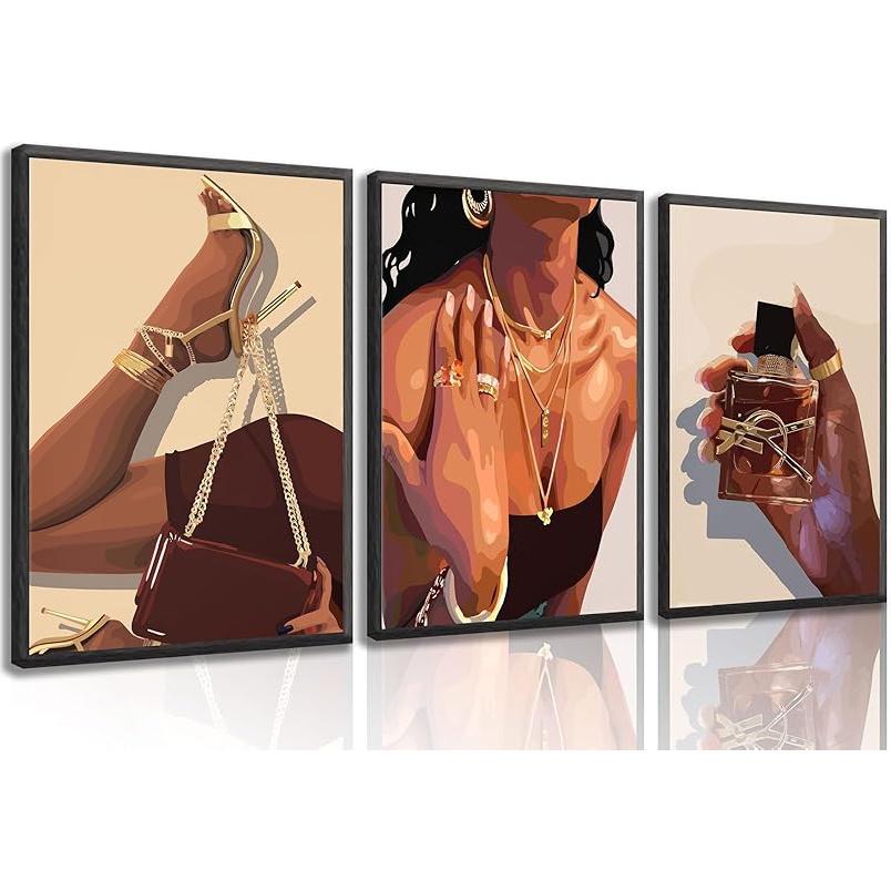 3Pcs Black Girl Wall Art African American Woman Canvas Pictures Fashion Girl Abstract Posters Prints Boho Black Female Paintings for Nordic 12x16 posters чёрный