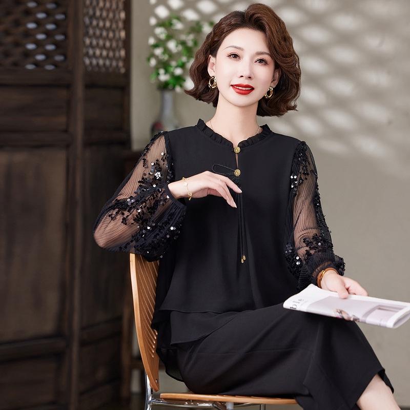

2026 Elegant Summer Two-Piece Set for Moms: Stylish and Noble Middle-Aged Women s Fashionable Shirt 4XL (130-145 kg recommended) чёрный