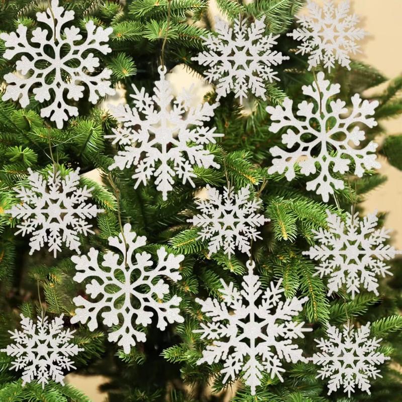 18pcs Snowflakes-Christmas Tree Decorations, Snowflake Ornaments for Tree, Plastic Glitter White Snow Flakes Ornaments