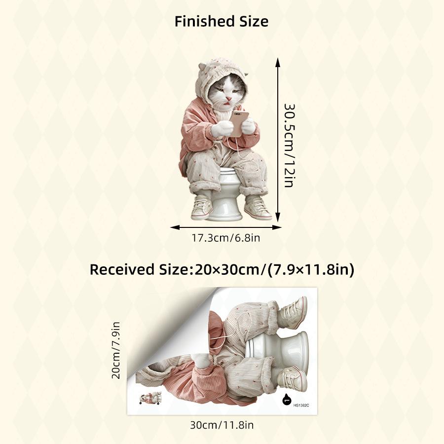 Funny Cat Playing On Smartphone Toilet Sticker, Realistic Cartoon Self-Adhesive Decal for Bathroom Toilet Lid Decoration