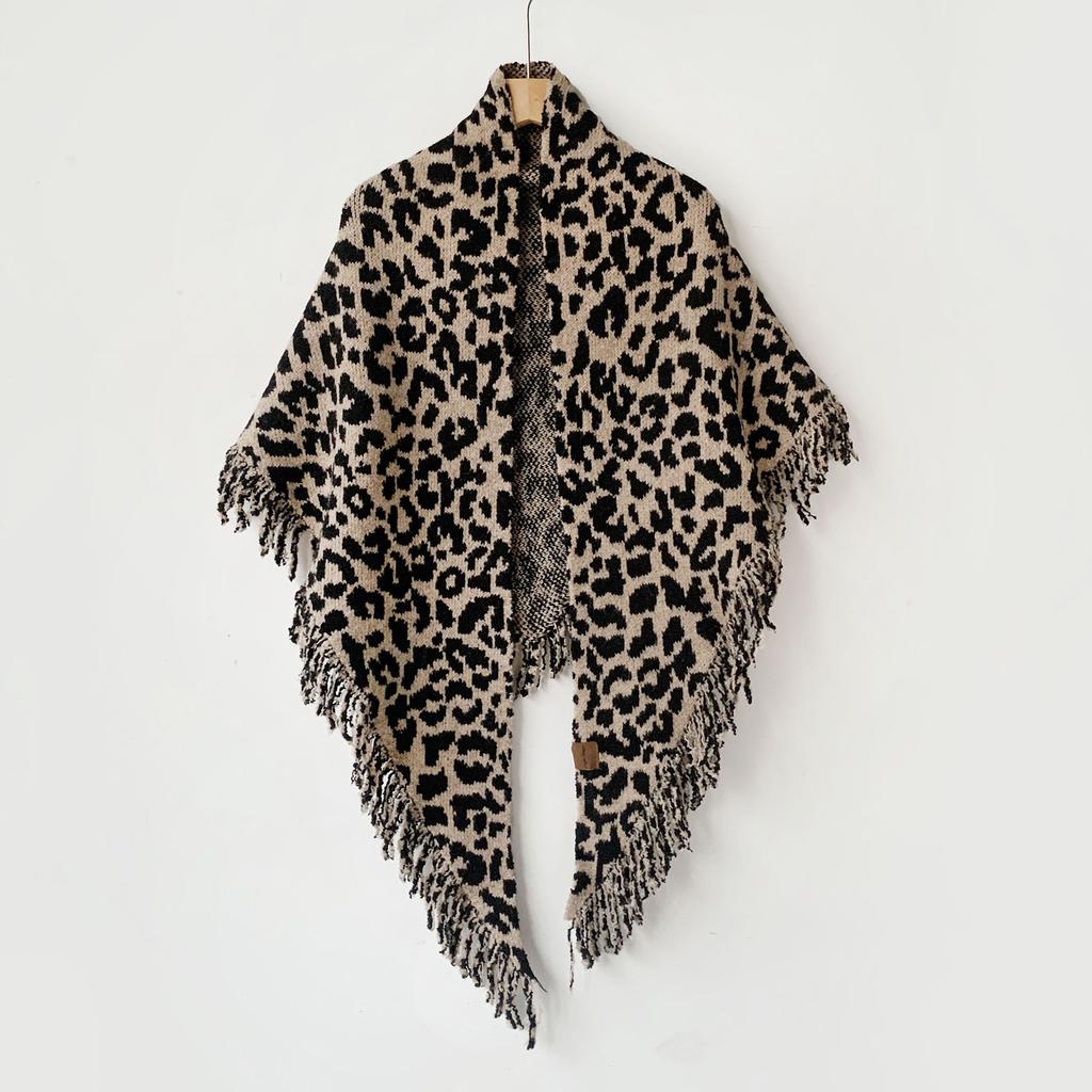 Tassel Knitted Triangular Shawl Leopard Print Autumn And Winter Wool Blended Warm Scarf Premium Neck Cape