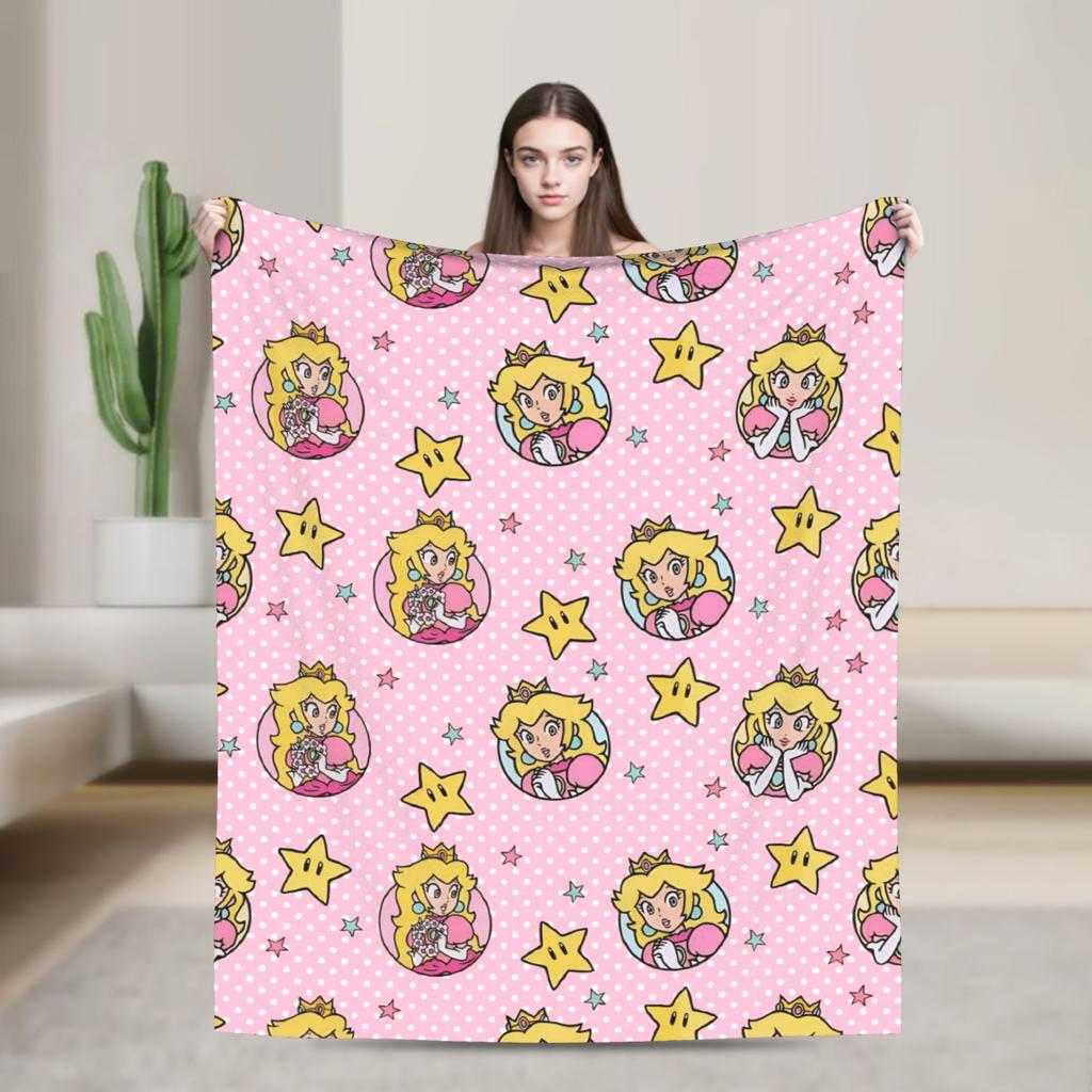 Princess Peach Star Blanket Cover Super Marioo Fuzzy Throw Blankets Summer Air Conditioning Decoration Lightweight Bedspreads