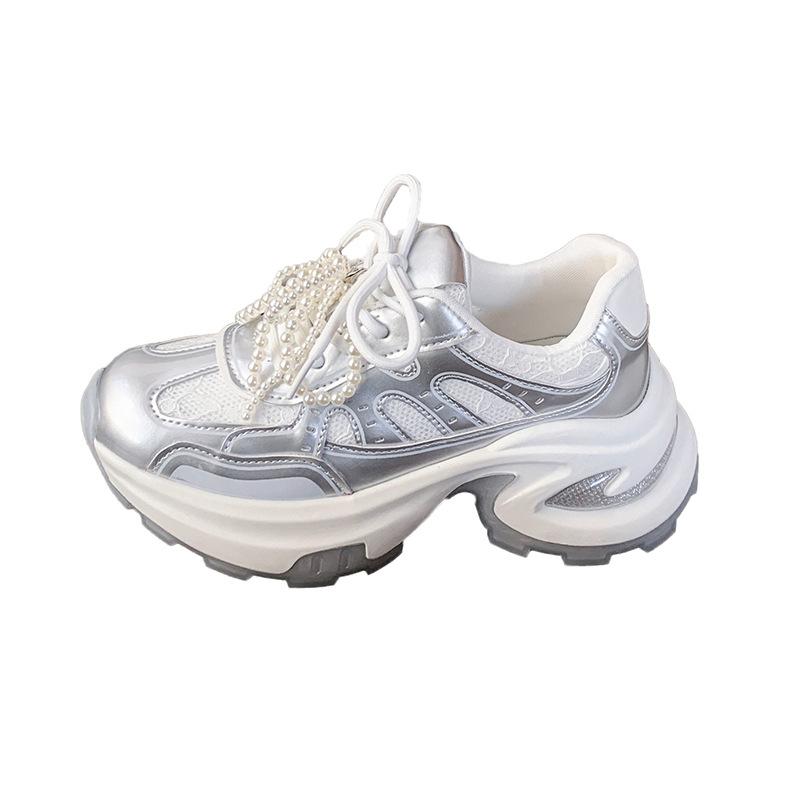 Real Soft Leather 2025 Spring and Summer New Breathable Silver Platform Lightweight Sports Shoes Casual Versatile Height Increase Dad Shoes Women