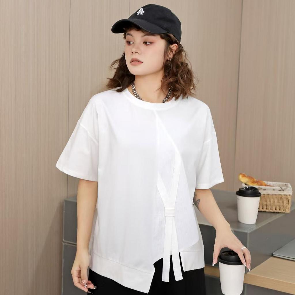 DIMANAF 2025 Summer T-shirt Women Printing Buttons Asymmetrical Short Sleeve Loose