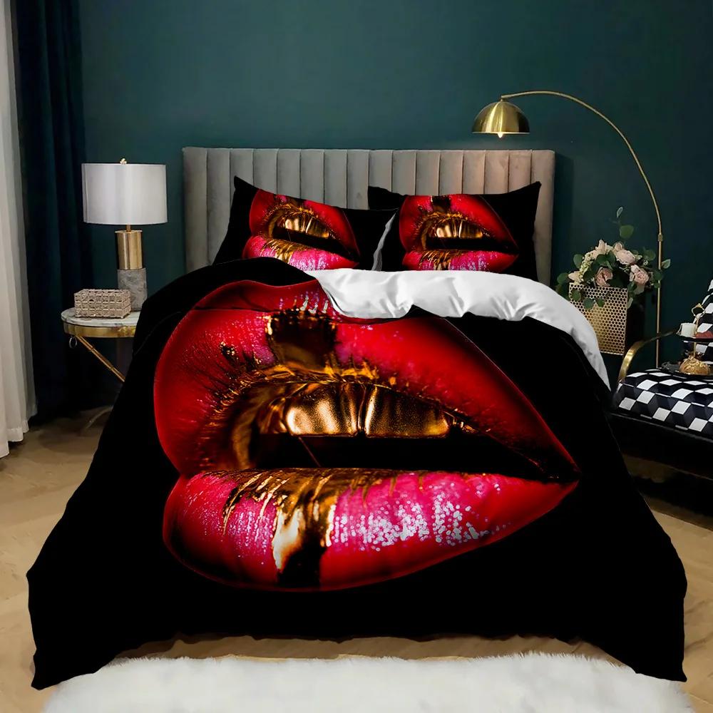 Lip Duvet Cover Set Golden Lip Bedding Set Sexy Adult Couple Twin Polyester Comforter Cover 3D Kiss Marks Double Queen King Size