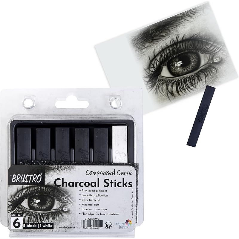 BRUSTRO Artist Compressed Carre Charcoal Sticks - Set of 6 (5 Black  1 White Stick) | Ideal for Portrait Charcoal Art, чёрный