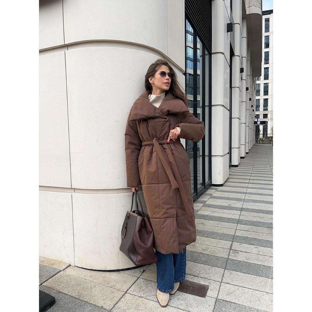 Women Long Wrap Puffer Coat Wide Collar Belted Waist Winter Warm Outerwear