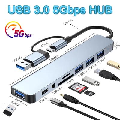 8 In 2  Type C Docking Station USB Splitter Adaptor USB C Hub 5Gbps High Speed Transmission USB 3.0 2.0 3.5 Audio Jack SD/TF Card Reader OTG Adapter