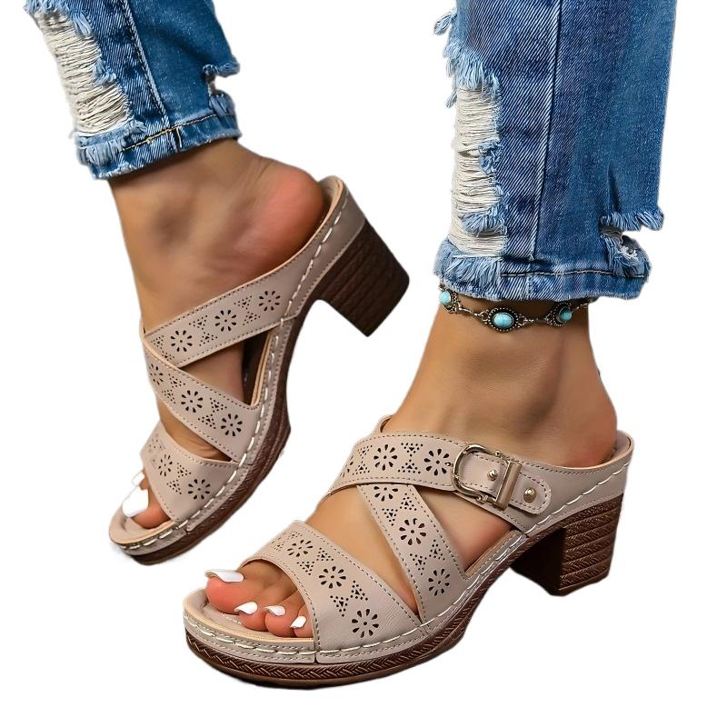 Fashion Plus Size 2025 Summer Open Toe Women’s Slippers Outdoor Casual Chunky Heels Buckle Sandals for Sewing Daily Comfortable Slippers