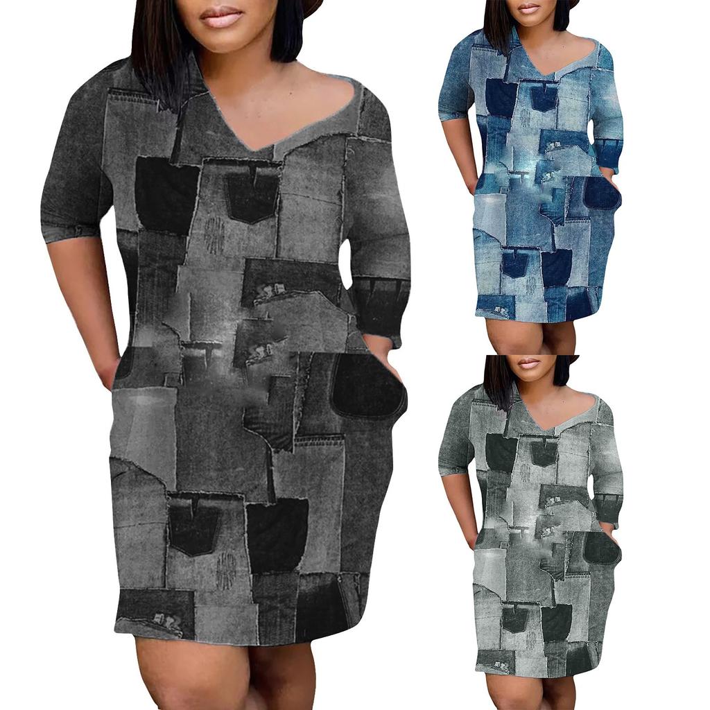 Women's Long Sleeve Pullover MIDI Skirt V-neck Loose-fitting Denim Dress