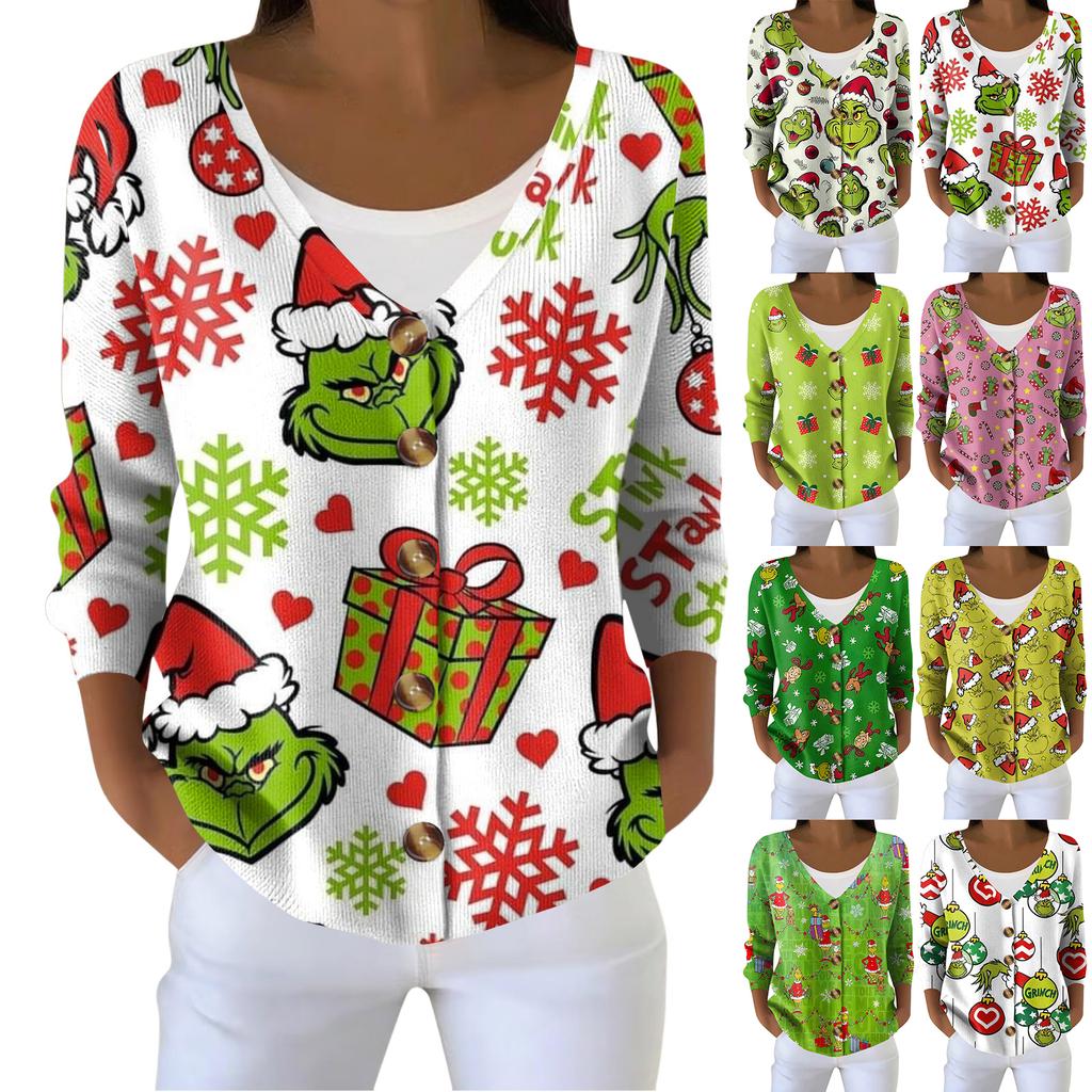 Women's Fashion Long Sleeve Christmas Snowman Snowflake Print Jacket Cardigan