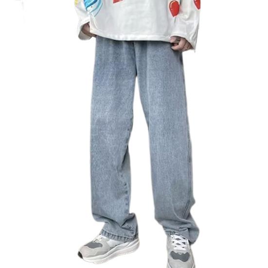 Men Casual Jeans Elastic Drawstring Waist Wide Leg Denim Pants Pockets Design High Street Style Casual Trousers