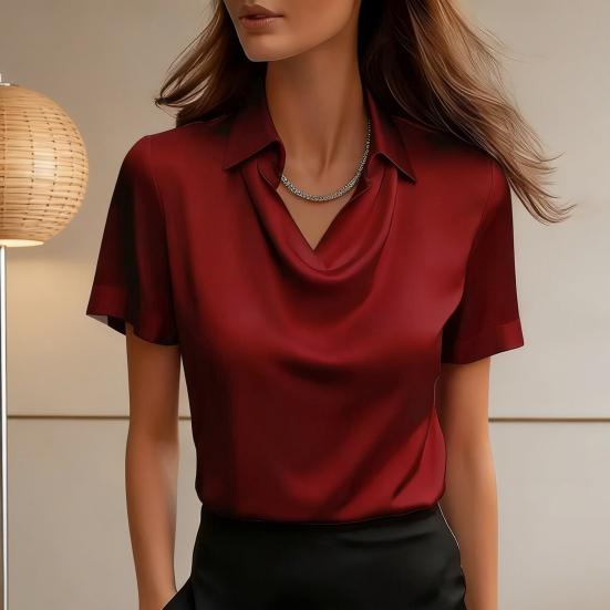 Damen Oberteile Revers Schwingender Kragen Kurzarm Lässiges Hemd Glattes Satin Lockere Passform Sommer Hemd Oberteile Tägliche Kleidung