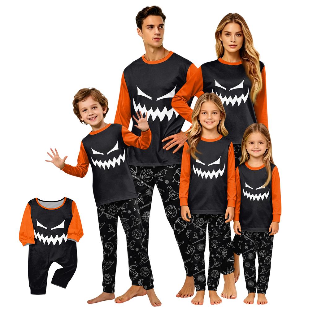 Matching Family Halloween Pajama Set with Long Sleeve Round Neck Top and Pants for Adults and Kids
