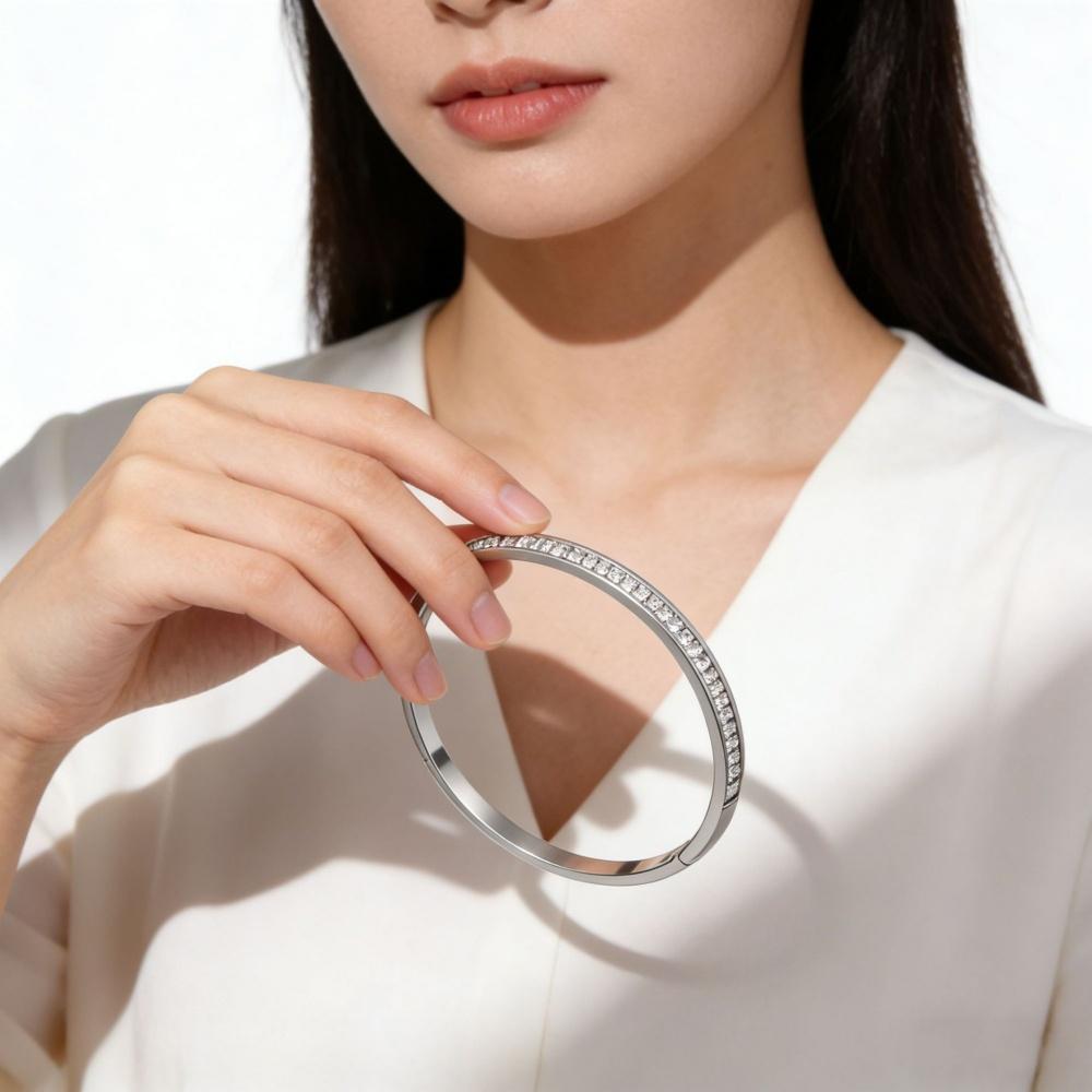 1Pc Dainty Rose Gold Cuff Bangle with Full Rhinestones, Minimalist Thin Bracelet for Daily Office & Casual Wear