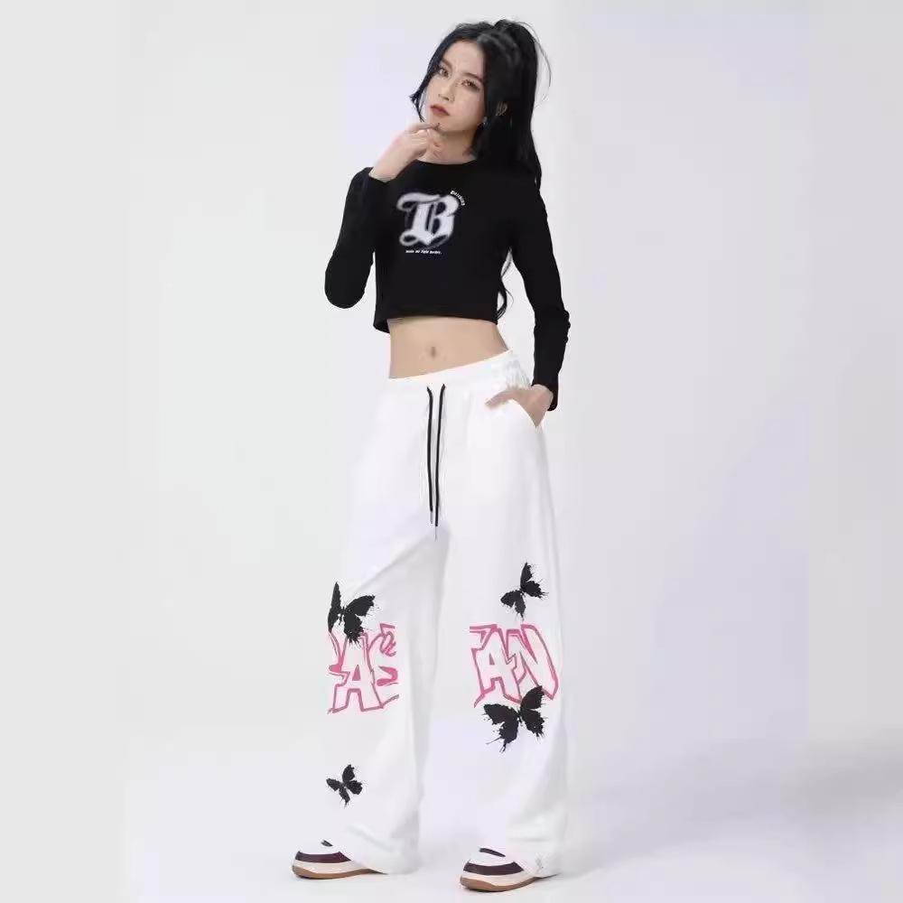 American Graffiti Butterfly Sweatpants: Korean Jazz Street Dance - Women's High-Design Spring/Summer Casual Wear
