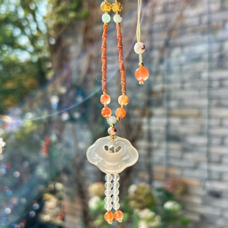 Natural chalcedony Ruyi lock pendant for peace and protection, Christmas and New Year's gift, handmade braided agate necklace for women