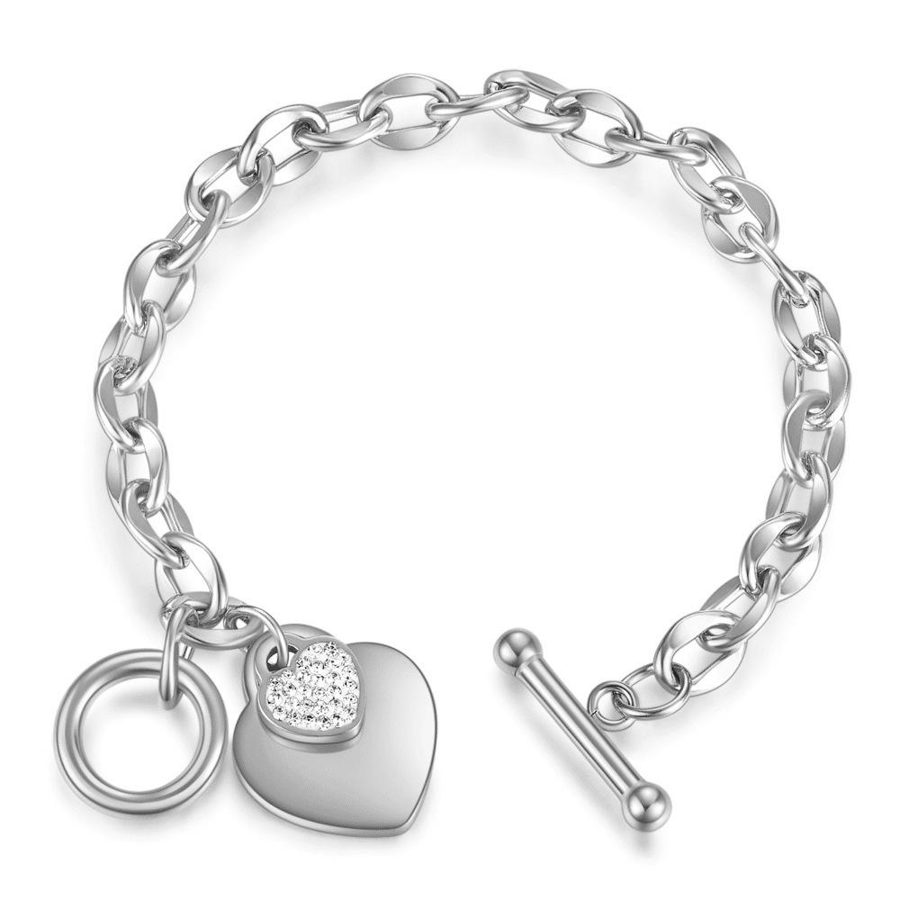 18MM Heart-Shaped Rhinestone Stainless Steel Bracelet with OT Buckle and Laser-Engraved Logo