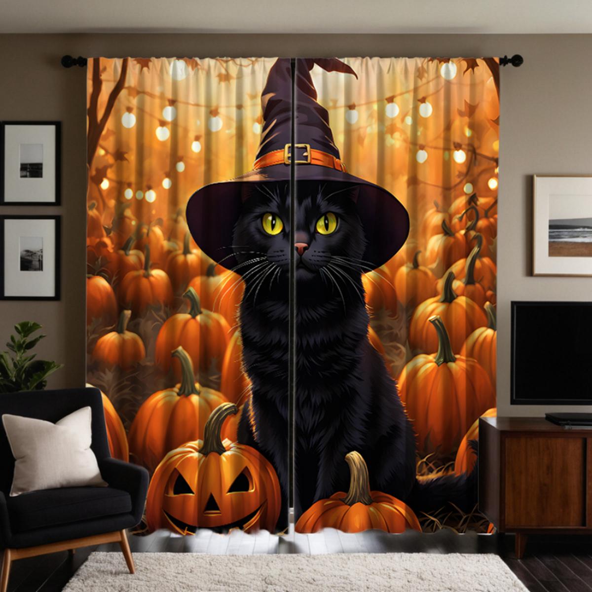 

2 шт. HD Хэллоуин Кот в шляпе тыква декоративная занавеска Желтая завязка цифровая печать занавеска Домашний декор стиль Украшение livi W52H63inchW132H160cm