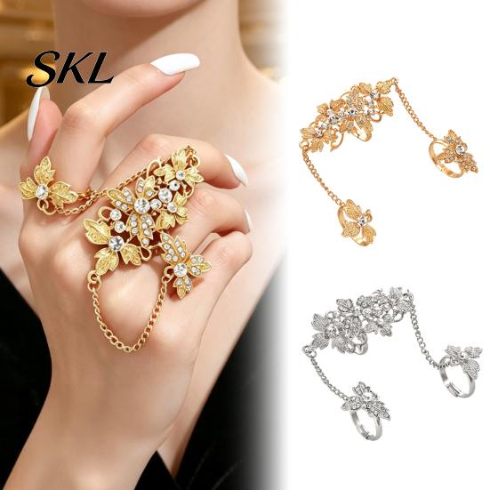 Girls Open Ring Rhinestone Flower Link Chain Ring, Bling Floral Leaf Full Finger Adjustable with Chain, Statement Hand Jewelry for Women Golden Plated
