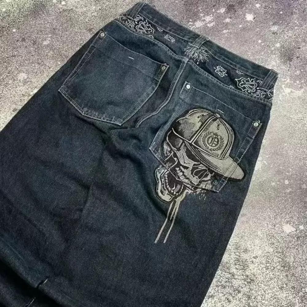 ZYLLO American Retro High Street Y2K Personalized Patchwork Letter Embroidered Jeans Gothic Fashion Wide-leg Denim Trousers