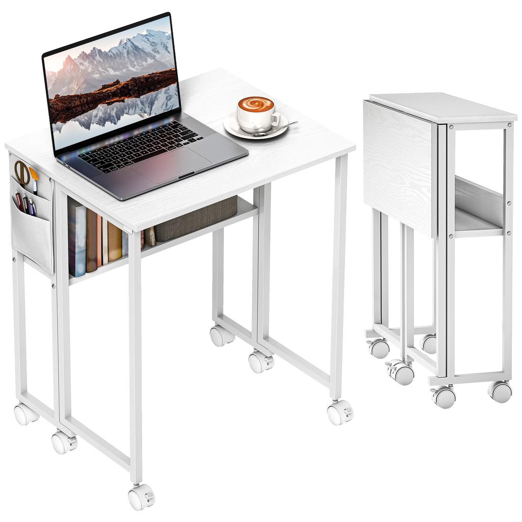 Foldable desk, convertible into a side table, open shelf, White