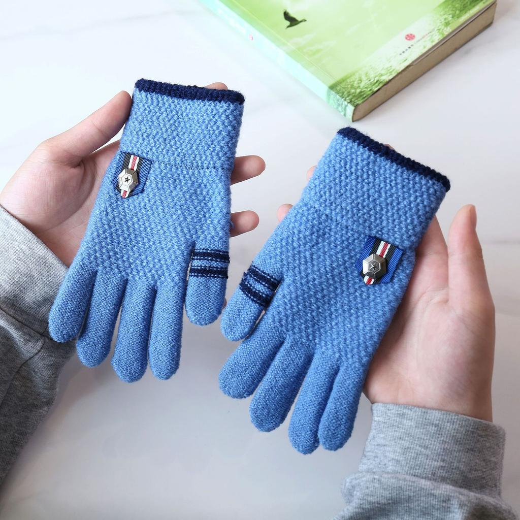 Winter Warm Gloves for Students Five Finger Separate Wool and Velvet Thickened Solid Color Full Finger Gloves
