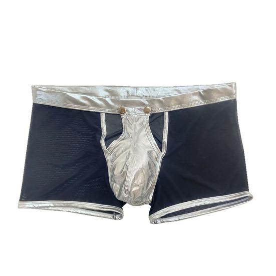 Sexy Herren-Unterhose, leicht zu öffnen, hohl, niedrige Taille, durchsichtiges Netz, Kunstleder, Patchwork, dünn, weich, atmungsaktiv, Boxershorts für Männer