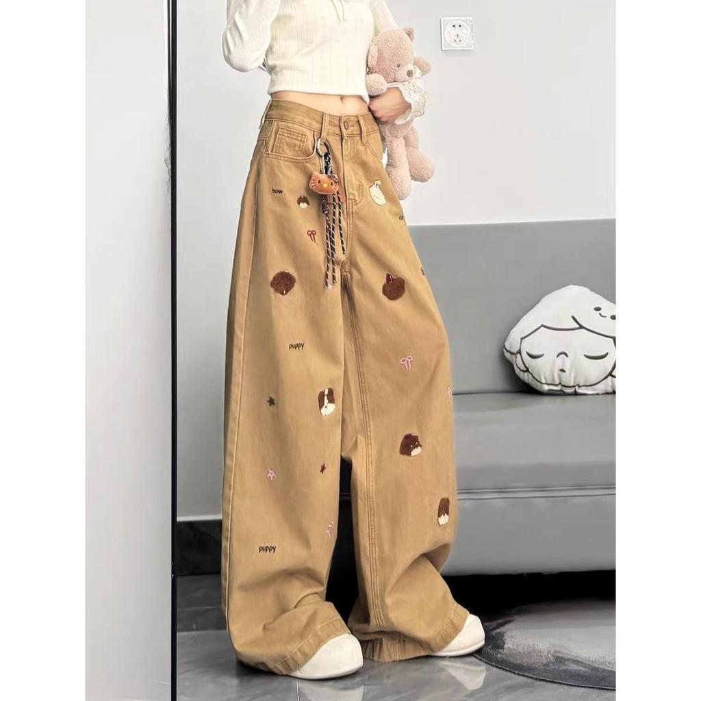 Jeans para Mujer Y2K con Bordado de Animales Lindos Cintura Alta Pierna Ancha Sueltos Estilo Calle