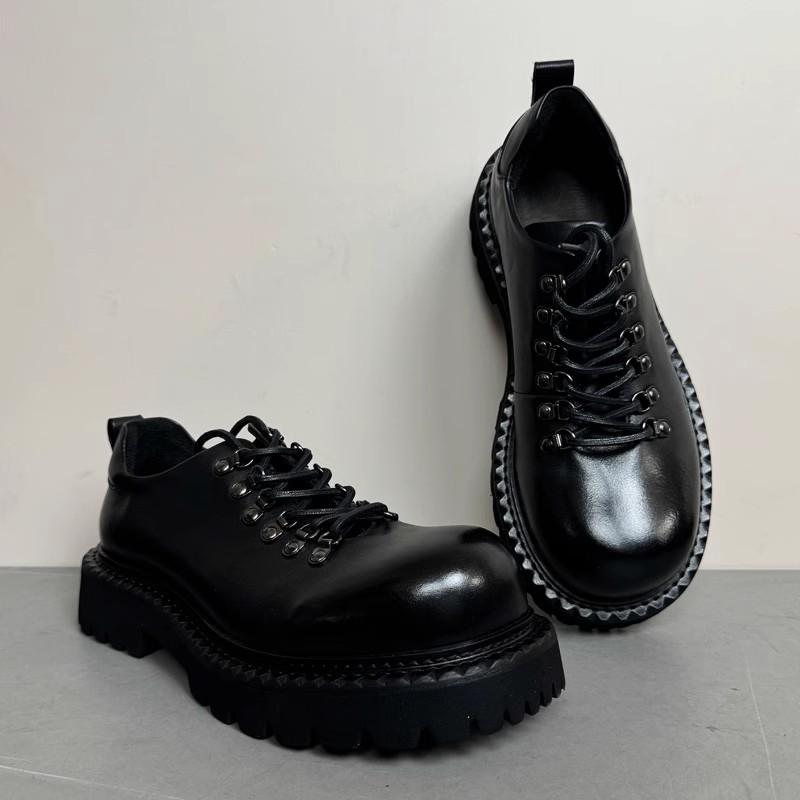 Fashion Shoe Shoes for Men Loafers High Sense Versatile Commuting Leather Round Head Shoes Black Thick Soled Casual Leather Shoes