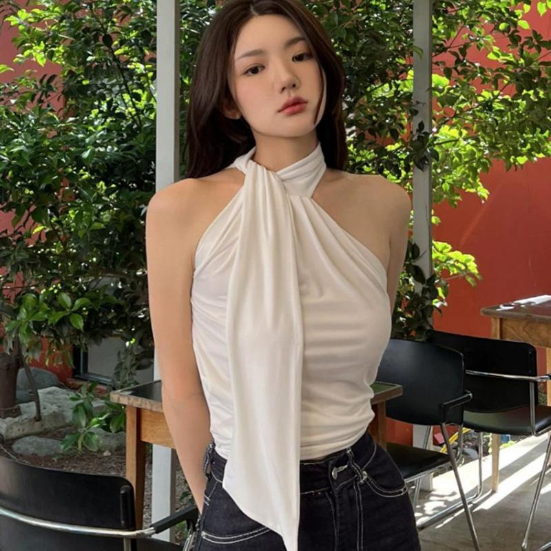 Dongdaemun Slim Fit Halter Top – Dámský univerzální top se stuhou zvýrazňující klíční kost a postavu