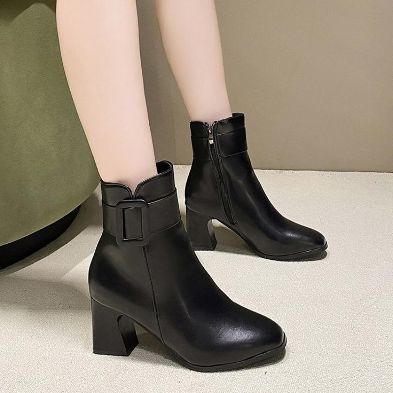 Martin Boots Autumn and Winter New British Style Pointed High-heeled Short Boots Belt Buckle Side Zipper Boots