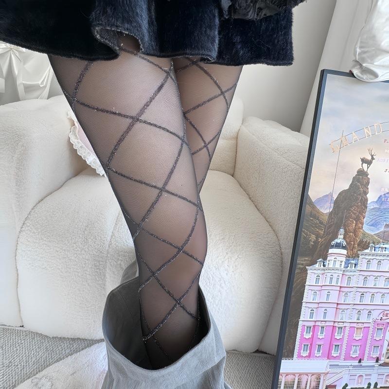 Socks for women, houndstooth stockings, rhombus pantyhose, rhombus grid, black silk, thin, anti-snatch, sexy
