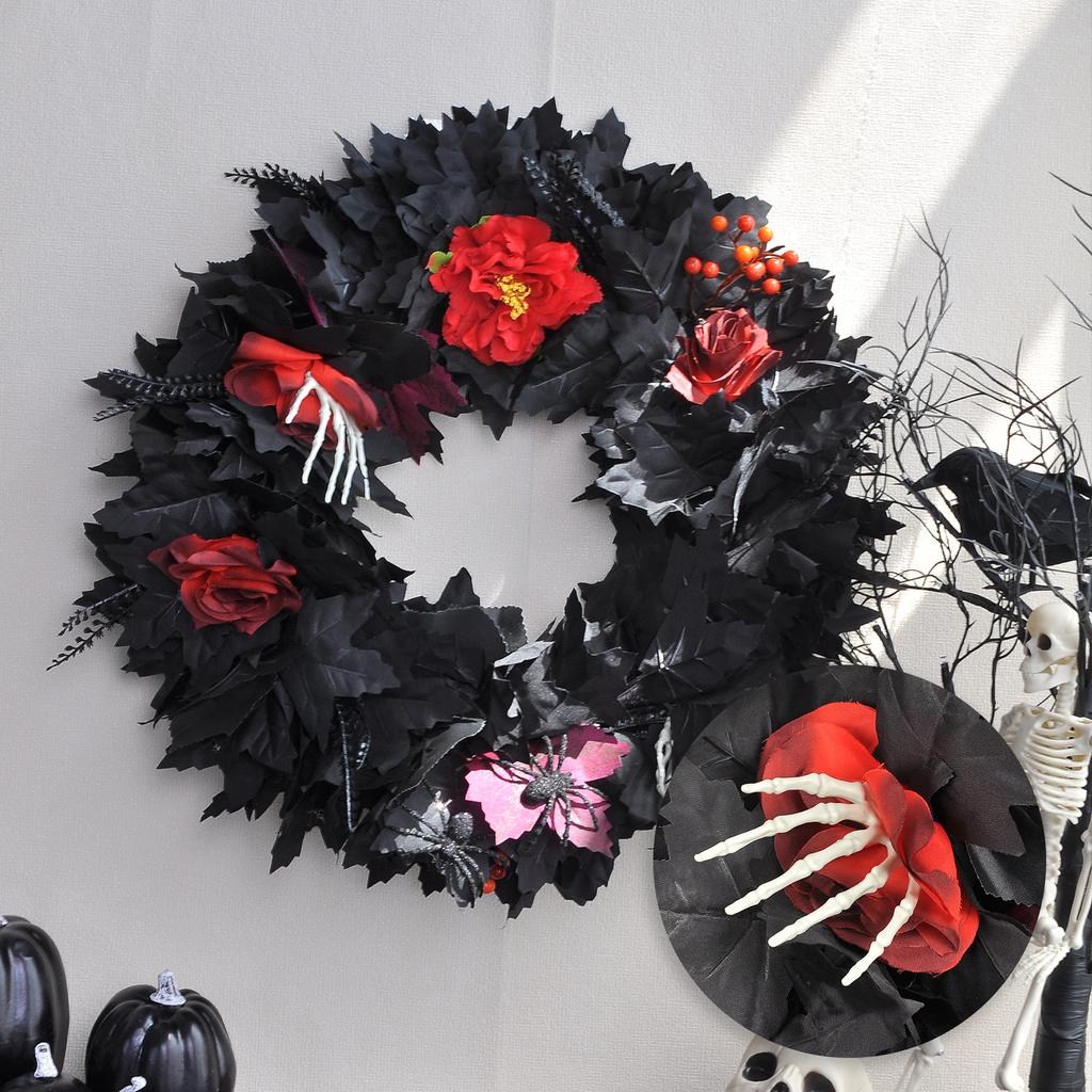 Halloween Wreath for Front Door 20” Black Maple Leaves Wreath with Skeleton Wall Window Halloween Decoration Home Decor