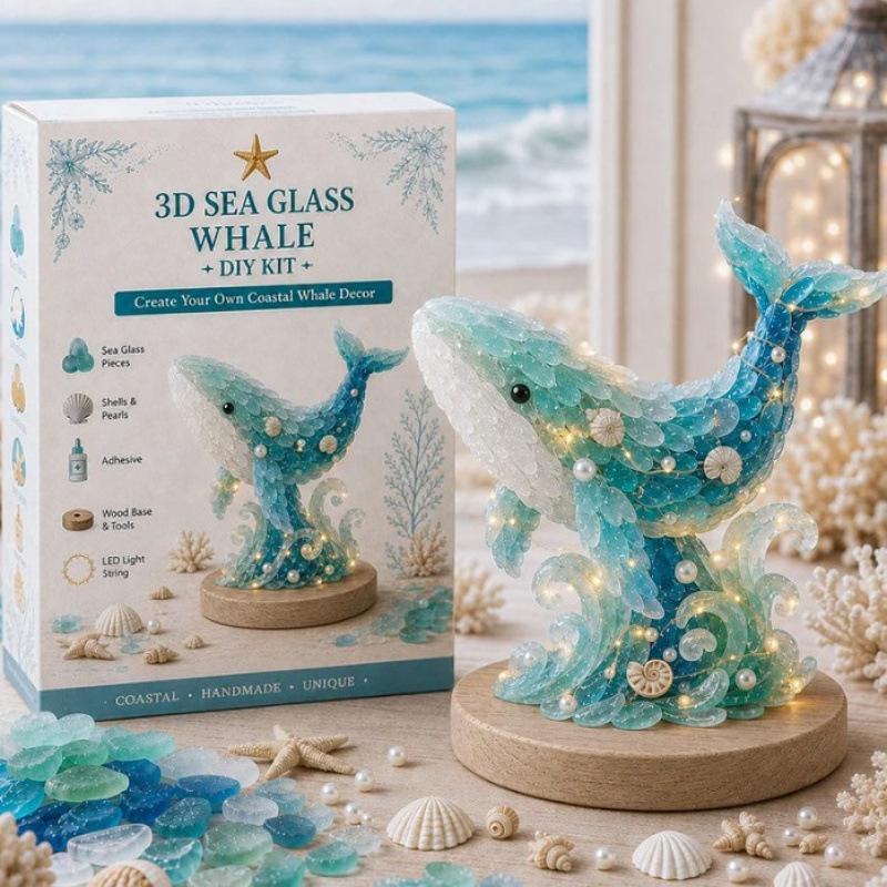 Sea Glass Christmas Tree 3D Glowing Handmade Art Set Whale