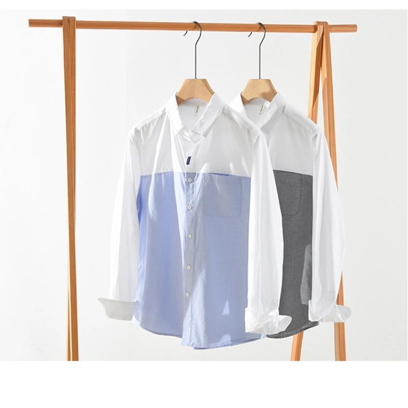 Langarmhemd für Herren im koreanischen Stil Frühling/Herbst Reine Baumwolle Lässige Oberteile Neue Mode Herrenbekleidung Patchworkhemd Jugend