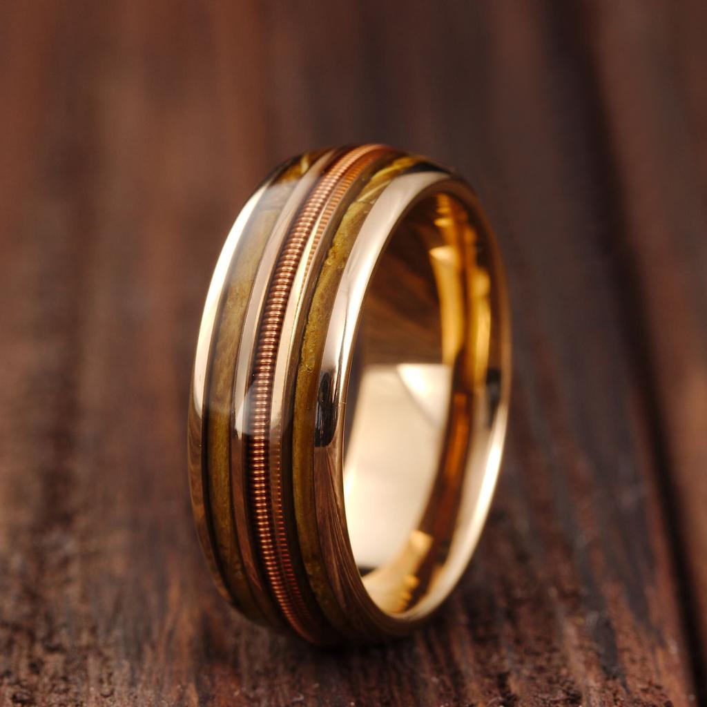 8mm Black Stainless Steel Guitar String Rings for Men Whiskey Barrel Wood Inlay Guitarist Ring Men Wedding Band Jewelry