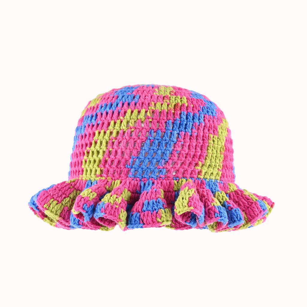 Dopamine Rainbow Color Matching Pleated Lotus Leaf Lace Knitted Bucket Hat Women'S Autumn And Winter Handmade Crochet Wool Hat