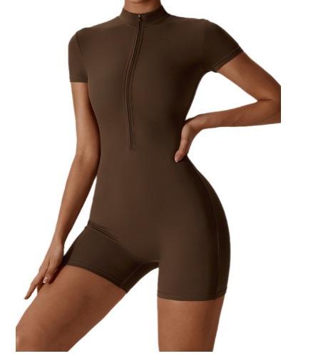 Women Half Zip Short Sleeve Yoga Romper High Stretch Tight Workout Jumpsuit Sport Dance Fitness Bodysuit Shorts Playsuit